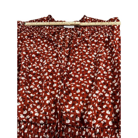 Sienna Sky Red Floral Blouse Womens M Short Sleeve Ruffle Hem 100% Polyester - Picture 7 of 10
